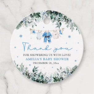Blå tomte babykläder jul baby shower gåvor etiketter
