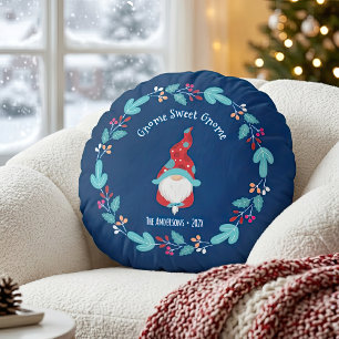 Blå Tomte Söt Tomte Modern Älgte Floral Krans Rund Kudde