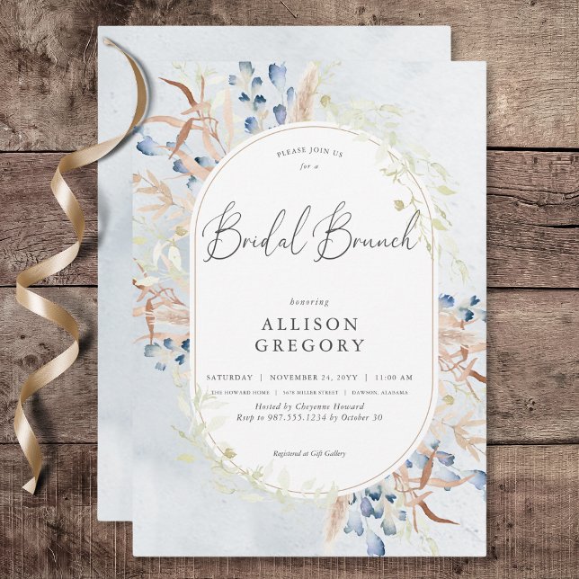 Blå torkad Boho Flowers Blue Möhippa Brunch Inbjudningar (Blue Dried Boho Flowers Blue Bridal Brunch Invitation)