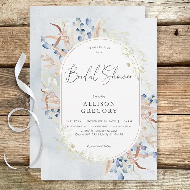 Blå, torkad Boho Flowers Blue-Möhippa Inbjudningar (Blue Dried Boho Flowers Blue Bridal Shower Invitation)