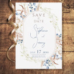 Blå torkade Boho Flowers White Bröllop Spara Datumet<br><div class="desc">Det här sparar datumkortsdesignen ram av tan,  ljussken grönt och blåtorkade blommor med vit bakgrund eller elfenben,  beroende på vad du väljer pappert. Baksidan är vackra vattenfärgsblå tvätta. Kortet är en del av Blue Dried Boho Flowers Suite av kort som skapats av enbart Farmhouse Press.</div>