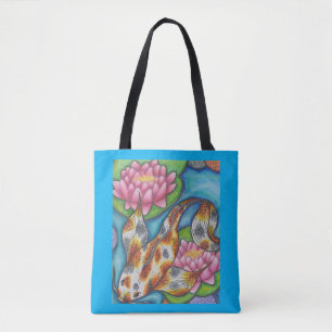 Blå tote-bag med Orange Koi Fiskpennkonst Tygkasse