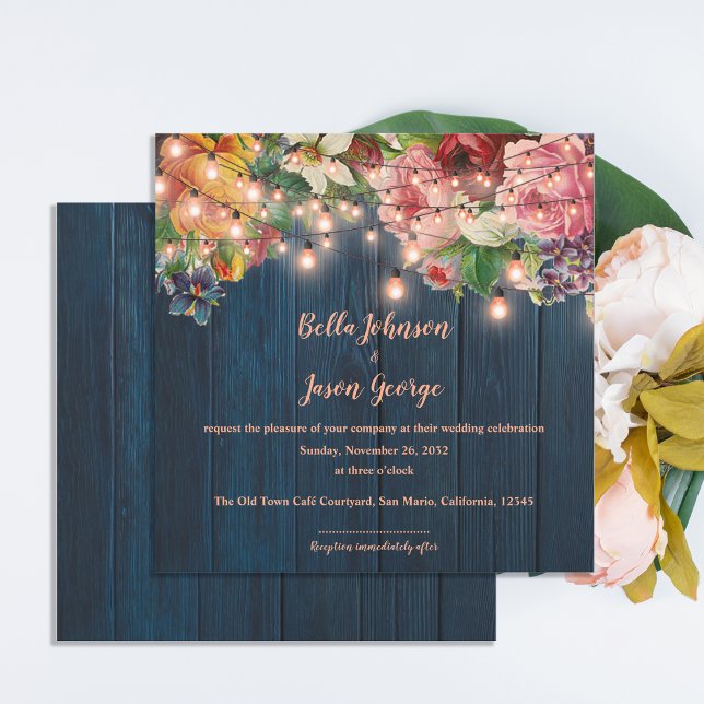 Blå Trä Blommig Strängljus Bröllopsinbjudan (Blue Wood Floral String Lights Wedding Invitation)