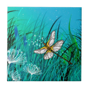 Blå trädgård Dragonfly Kakelplatta