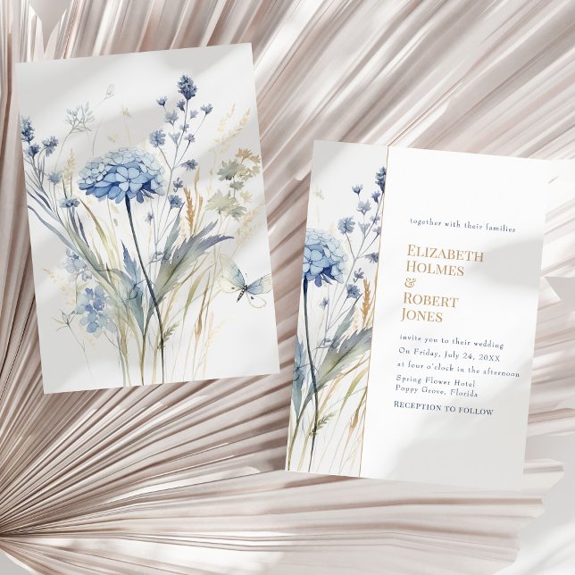 Blå Trädgårdsvattenfärg Bröllop med Vilda Blommor Inbjudningar (Boho Chic French Blue Wildflowers Wedding Invitation  on a sunny neutral dry palm leaf.)
