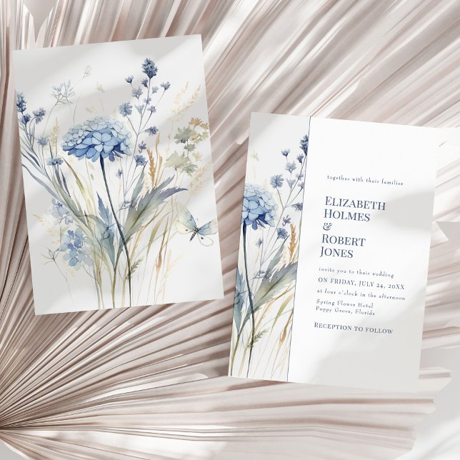 Blå Trädgårdsväxt Akvarell Bröllop Inbjudningar (Boho Chic French Blue Wildflowers Wedding Invitation on a sunny dry palm leaf.)