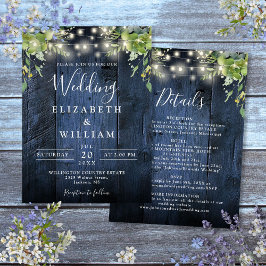 Blå trädsträngljus med gröna detaljer bröllop  inbjudningar