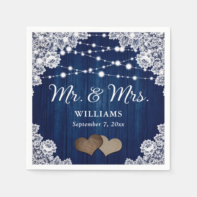 Blå träets Snöre Hearts String Ljus Bröllop Pappersservett (Framsidan)