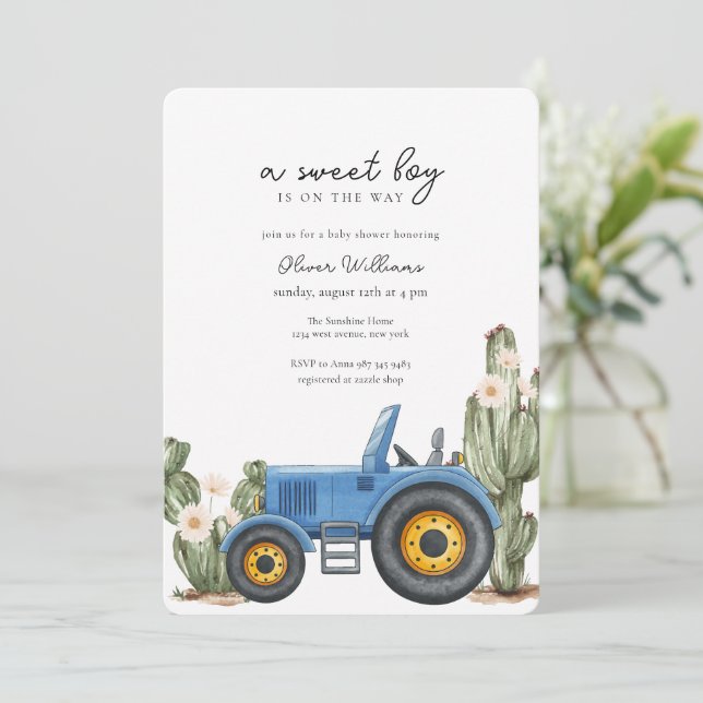 Blå Traktor Kaktus Öken Baby Shower  Inbjudningar (Stående Fram)