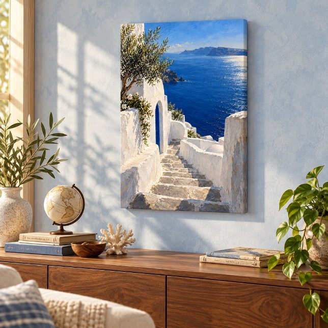 Blå trappa eftermiddag Canvastryck (12 x 18 inch unframed canvas print, 0.75 inch depth. Flat printed art. Scene props not included.)