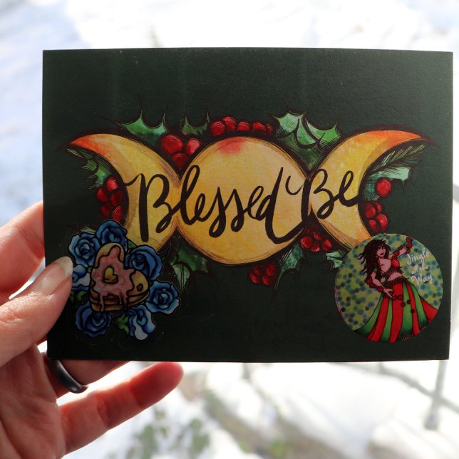 Blå trefaldig Måne Goddess Holly Yule Helg Vykort (Skapare uppladdad)