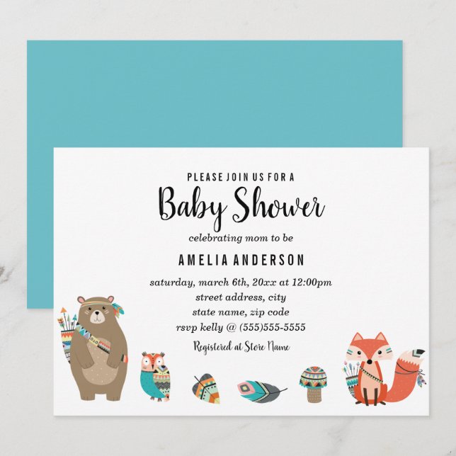 Blå Tribal Djur Baby Shower Inbjudan (Fram/baksida)