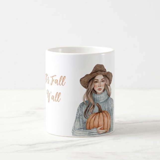 Blå Tröja Kvinnlig Hatt Pumpa Det Är Höst Allihopa Kaffemugg (Center)