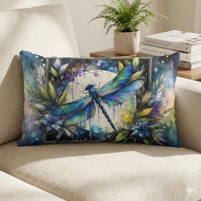 Blå Trollslända Akvarell Botanisk Lumbarkudde (Blue Dragonfly Watercolor Botanical Lumbar Pillow Mockup A)