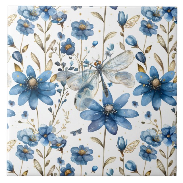 Blå Trollslända och Blommor Blommig Keramiska Plat Kakelplatta (Framsidan)