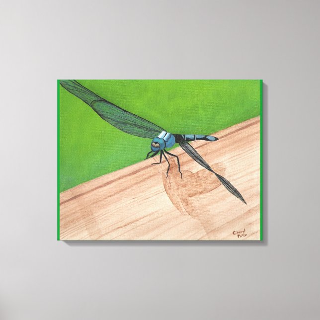 Blå Trollslända på ett Räcke Lindad Canvas (Framsida)