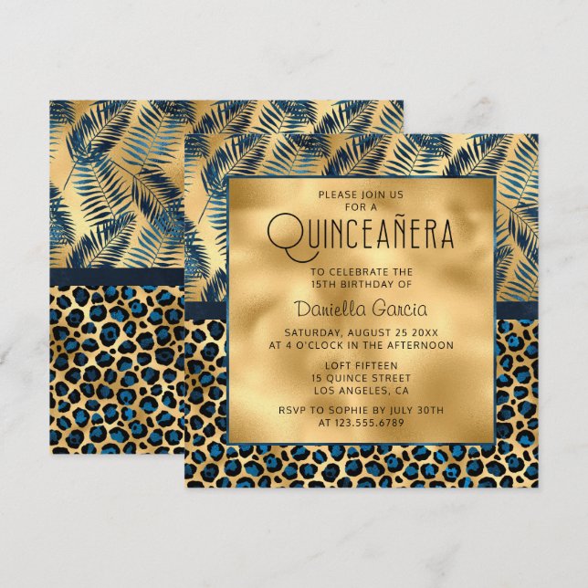 Blå tropisk leopard Skriv ut Shimmer Quinceañera Inbjudningar (Fram/baksida)