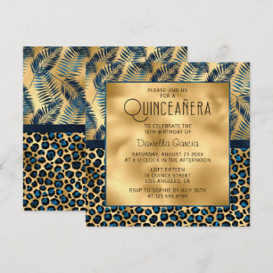 Blå tropisk leopard Skriv ut Shimmer Quinceañera Inbjudningar