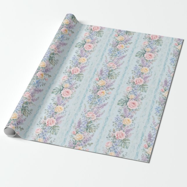 Blå Tropisk Ros Blommig Rand Present Presentpapper (Utrullad)