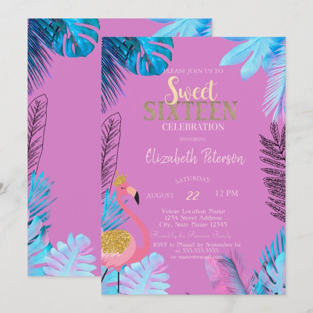 Blå Tropiska Blad Flamingos Rosa Sweet 16  Inbjudningar (Fram/baksida)
