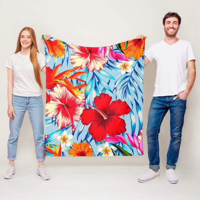 Blå tropiska hibiskusblommor    fleecefilt (På plats)