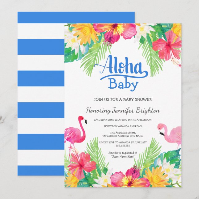 Blå| Tropiskt Flamingo Luau Baby Shower Inbjudningar (Fram/baksida)