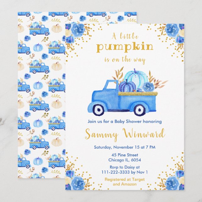 Blå Truck Höst Pumpa Baby Shower Inbjudningar (Fram/baksida)