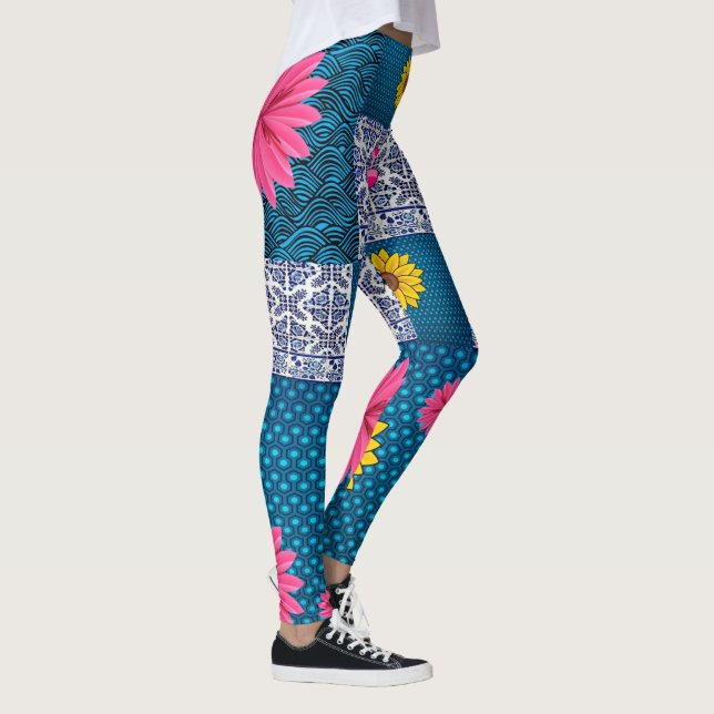 blå tryckt blommande långa leggings (Höger)