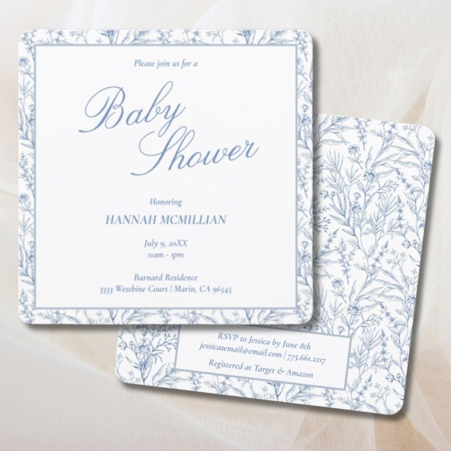 Blå tuggad babystötare för tuggad botanisk linje inbjudningar (Toile Blue Botanical Line Drawn Baby Shower Invitation
)