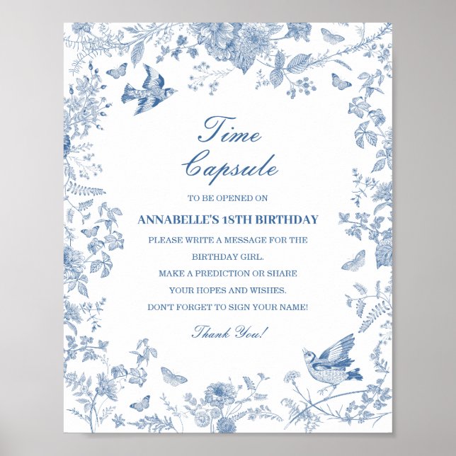 Blå tule de jouy Time Capsule Baby Birthday Game Poster (Framsidan)