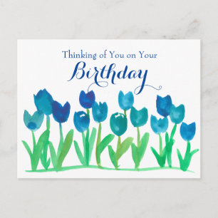 Blå tulip Watercolor Flowers Grattis på födelsedag Vykort