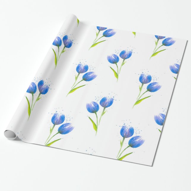 Blå tulips Watercolor Mönster Presentpapper (Utrullad)