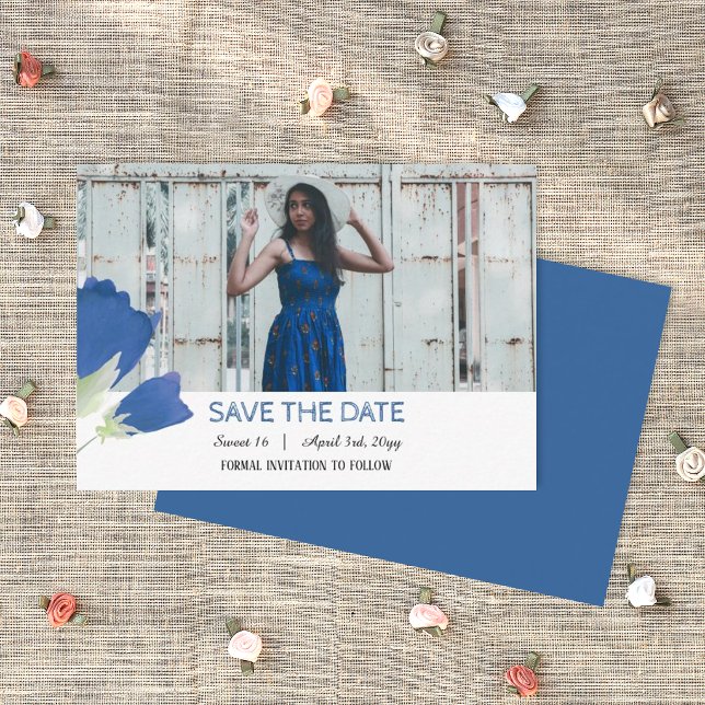 Blå Tulpaner, Födelsedagsfest Spara Datum Rådkort (blue birthday save the date card template with photo)