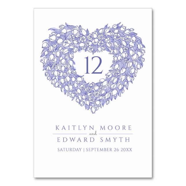 blå tulpaner, monogram bröllop anpassningsbar bordsnummer (Framsidan)