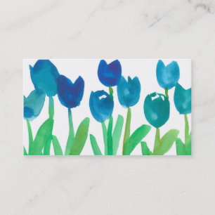 Blå tulpanfärgad trädgårdsmålad vattenfärgsblommor visitkort