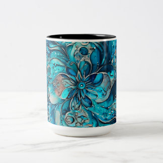 Blå & Turkos Akvarellblomma Mandala Två-Tonad Mugg