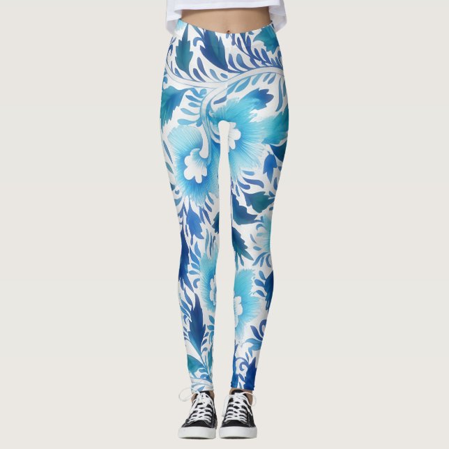 Blå turkos Aqua Blommigt Vintage Stil Art Leggings (Framsida)