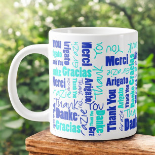 Blå turkos flerspråkig Tack-typografi Jumbo Mugg