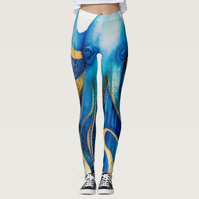 Blå turkos Guld Octopus Leggings (Framsida)