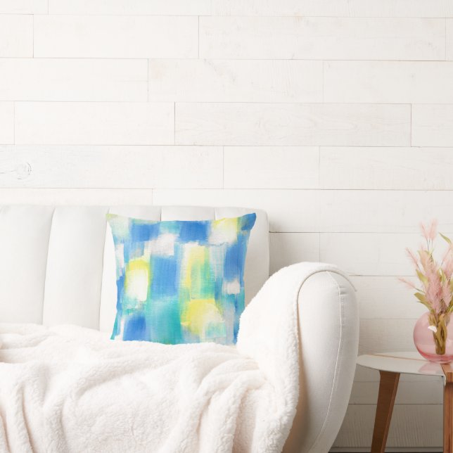 Blå turkos-Gult Vit modern Abstrakt Kudde (Soffa)
