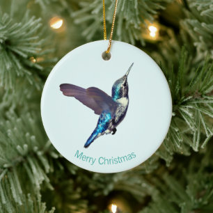 Blå Turkos Kolibri på Ljusblå Julgransprydnad Keramik