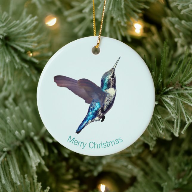 Blå Turkos Kolibri på Ljusblå Julgransprydnad Keramik (Träd)