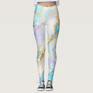 Blå Turkos Lila Guld Abstrakt Blommig Marmor Leggings