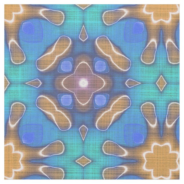 Blå turkos Ochre Retro Nouveau Mosaic Mönster Tyg (Närbild)