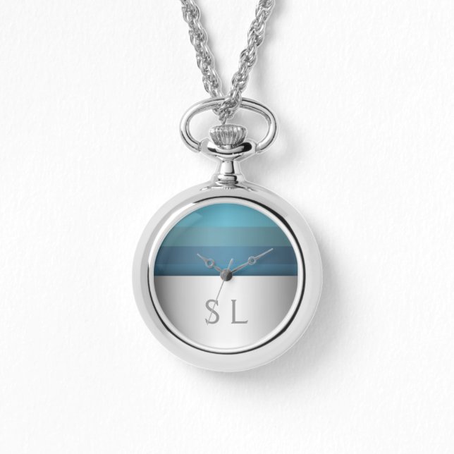 Blå turkos Rand Mönster | Ditt monogram Armbandsur (Framsida)