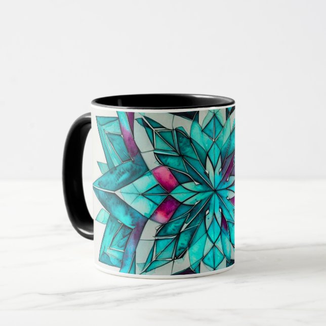 Blå, Turkos & Rosa Akvarellblomma Mandala Mugg (Framsida vänster)