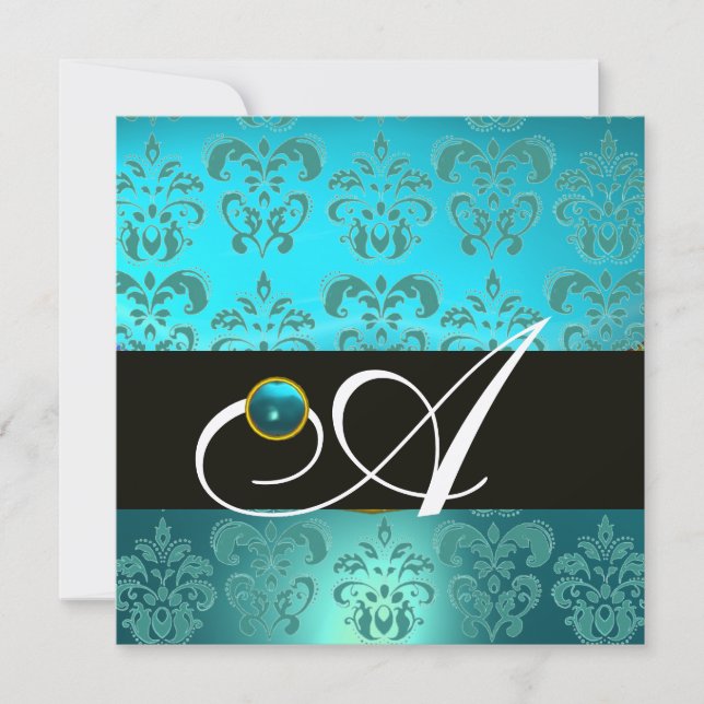 BLÅ TURKOS SVART CHAMPAGNE DAMASK MONOGRAM INBJUDNINGAR (Framsida)