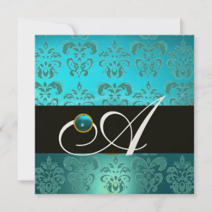 BLÅ TURKOS SVART CHAMPAGNE DAMASK MONOGRAM INBJUDNINGAR