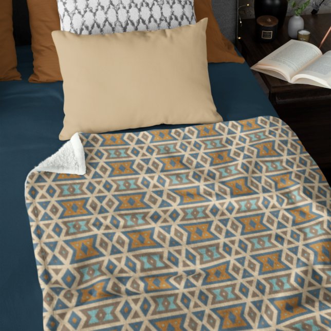 Blå turkos Teal Orange Brown Tribal Mönster Fleecefilt (Skapare uppladdad)