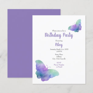 Blå turkos Violet Watercolor Butterflies Inbjudningar